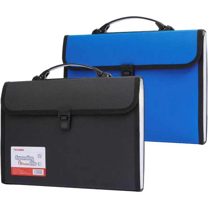 2 Pack Large Accordion File Folder, Black + Blue, 13 Pockets, Legal/Foolscap Size, Portable Document Bag with Handle, PP Material, Accordion Folders
