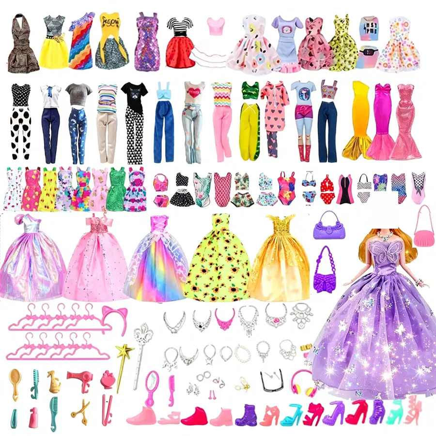 Doll Outfit & Accessory Set (99 Pcs) - Doll Clothing Bundle with 3 Wedding Dresses, 7 Fashion Dresses, 4 Casual Top-Pant Sets, 2 Bikini Swimsuits, 15 Hangers, 15 Shoe Pairs, 53 Accessories - Girl's Toy Gift, 99 Surprises In One Gift Box