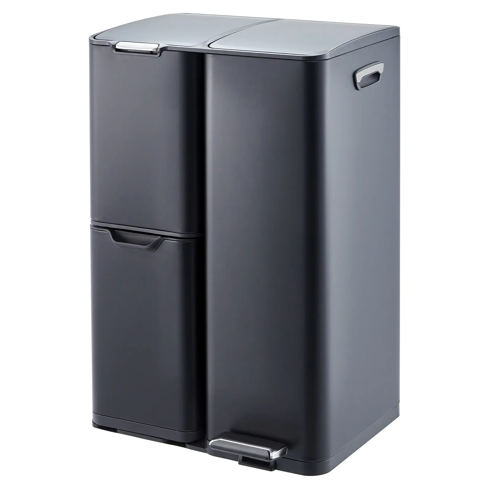 16 Gal Kitchen Trash Can with Lid, Triple Compartment Stainless Steel Garbage Can with Foot Pedal and Removable Inner Bucket, Trash and Recycle Bin Combo for Bathroom Home Office, Silver