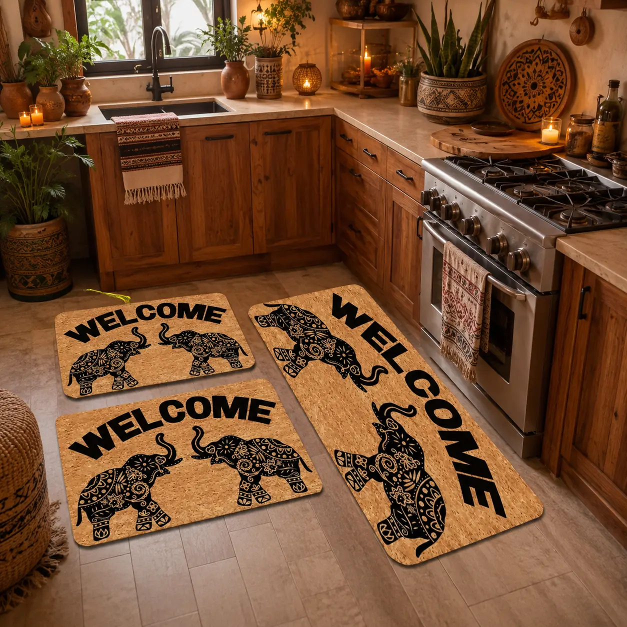 1/2/3pc Bohemian Style Elephant Welcome Doormat | Personalized Monogram Kitchen Rug With Anti-Slip Rubber Back,diatomaceous earth, Novelty Gift Mat