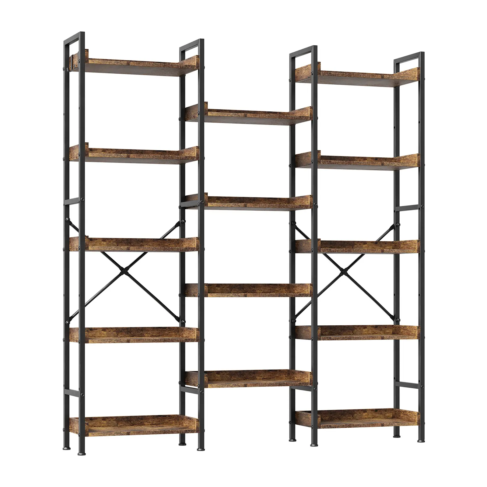 Garvee Industrial 5-Tier Rectangular Wooden Shelves Bookcase - Wide Triple Unit with 14 Open Shelves, Heavy-Duty Frame, Rustic Brown Single Unit Storage Display for Living Room, Home Office