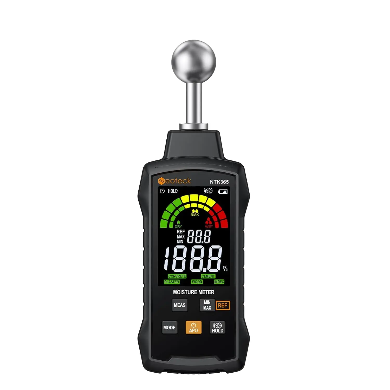 Neoteck Moisture Meter with REF Comparison, ±2.5% Accuracy Pinless Non-Destructive Moisture Detector with 5-40mm Measuring Depth,3-Color Warning Display,5 Modes for Wood Concrete Cement Plaster