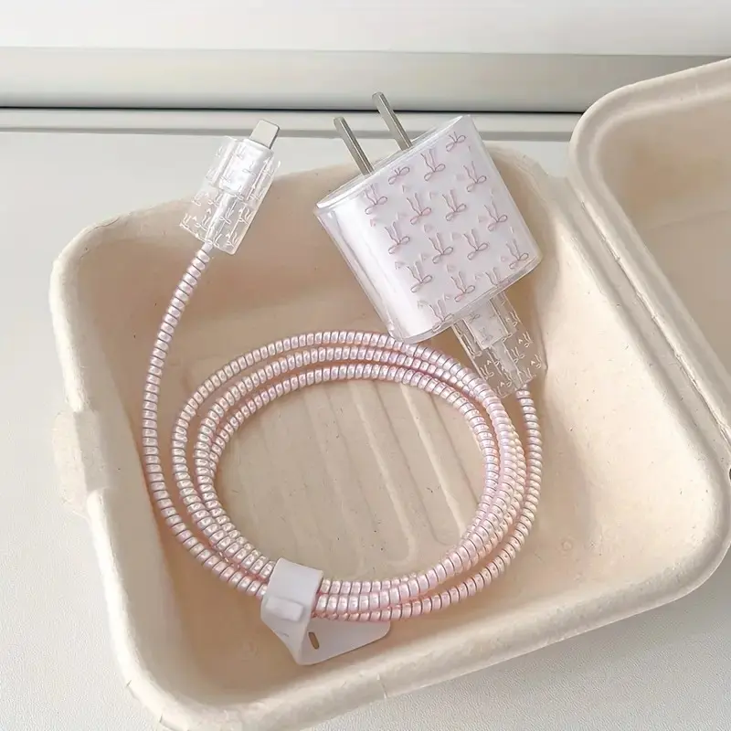 Cute Bow Design Charger Protector for Apple 18/20w, Anti-Drop Charging Head Case, Data Cable Wrap Rope for iPhone 13-17 Pro Max, Pet Bite Proof