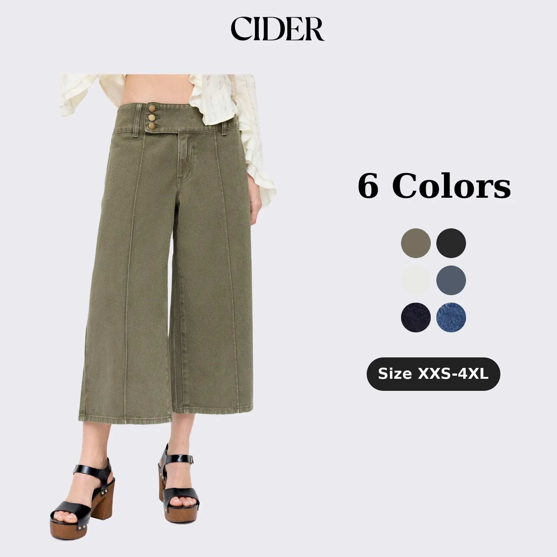 Cider Streetwear Summer Low Rise Metal Detail Washed Denim Wide Leg Capri Jeans