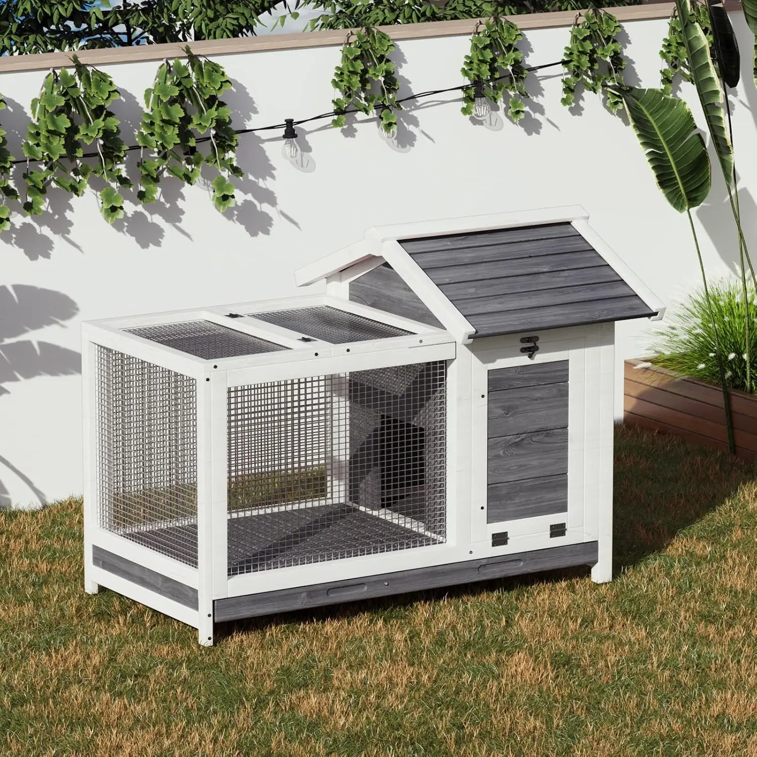 Cedar Wood 2-Tier Spacious Rabbit Hutch with Wheels, Ramp, 40"L Rufous White Weatherproof Pet House, Leak-Proof Pull-Out Tray, Waterproof Roof for Indoor/Outdoor Rabbits, Guinea Pigs, Secure