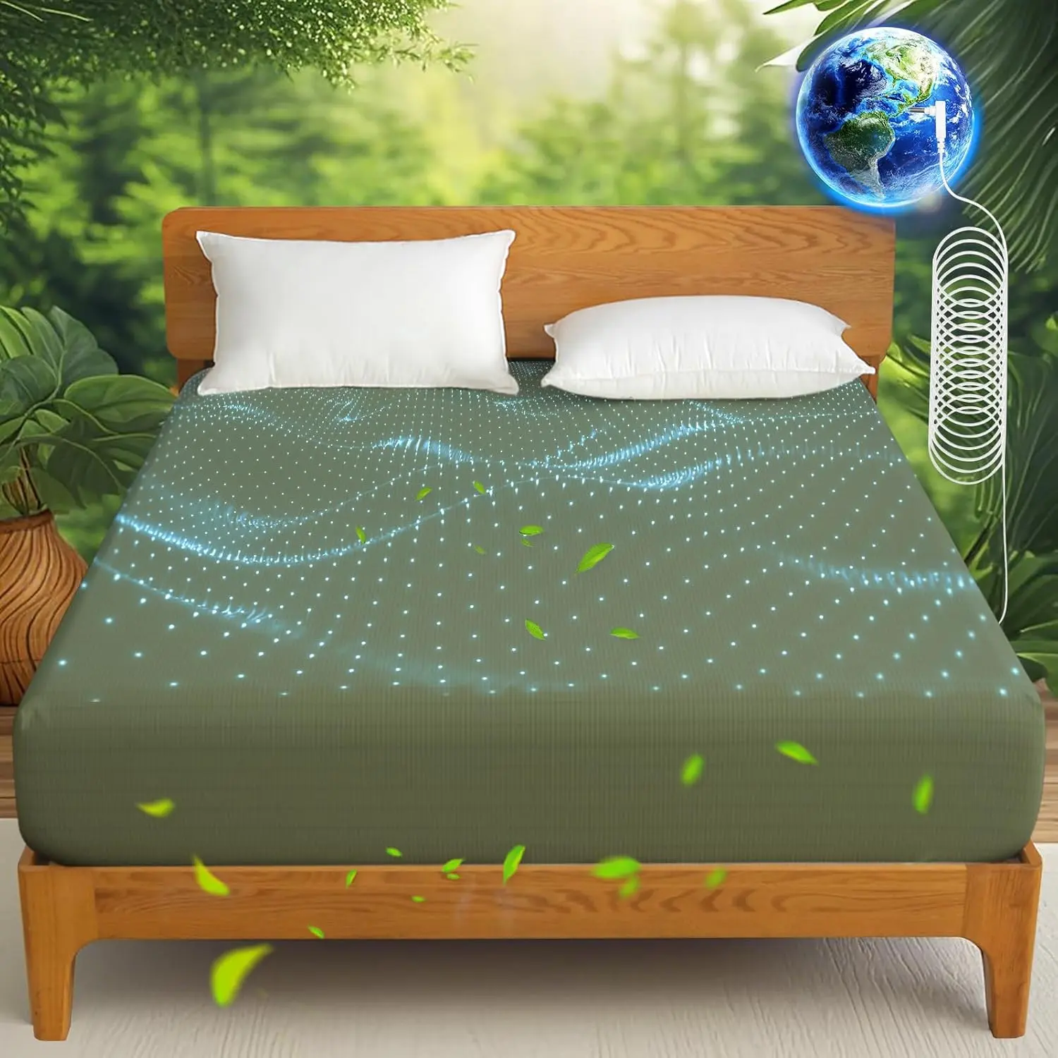 Grounding Sheets  10% Pure  Fiber 90%   Sheets  Size 16" Deep Pocket Soft Breathable Grounded Sheet Earth Connected Bedding Fitted Sheet with Grounding Cord Green