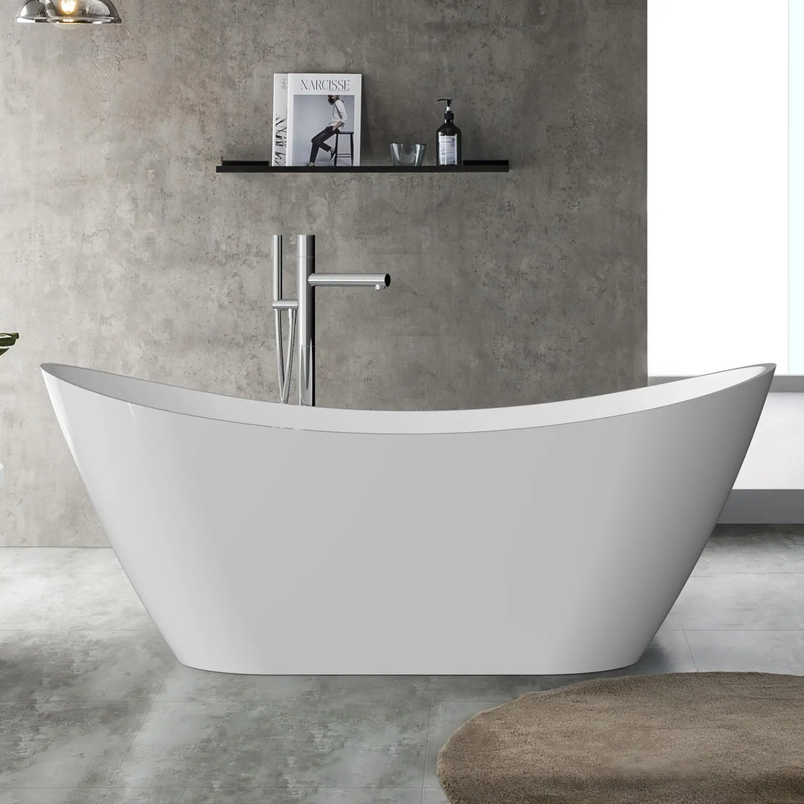 Deep Soaking Freestanding Acrylic Bathtub – Modern cUPC Certified Stand Alone Tub with Non-Slip Base – Chrome-Plated Drain & Overflow – White and Black Finish – Contemporary Bathroom Remodel