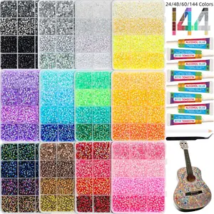 24/48/60/144-Color Resin Rhinestones for Crafting with Tweezers, Assorted 3mm Non-Hotfix Flatback Gems, Sparkling Crystals for Clothing, Tumblers, Mugs, Shoes, Fabric Decor, Art Creation Supplies, Rhinestones Glitter