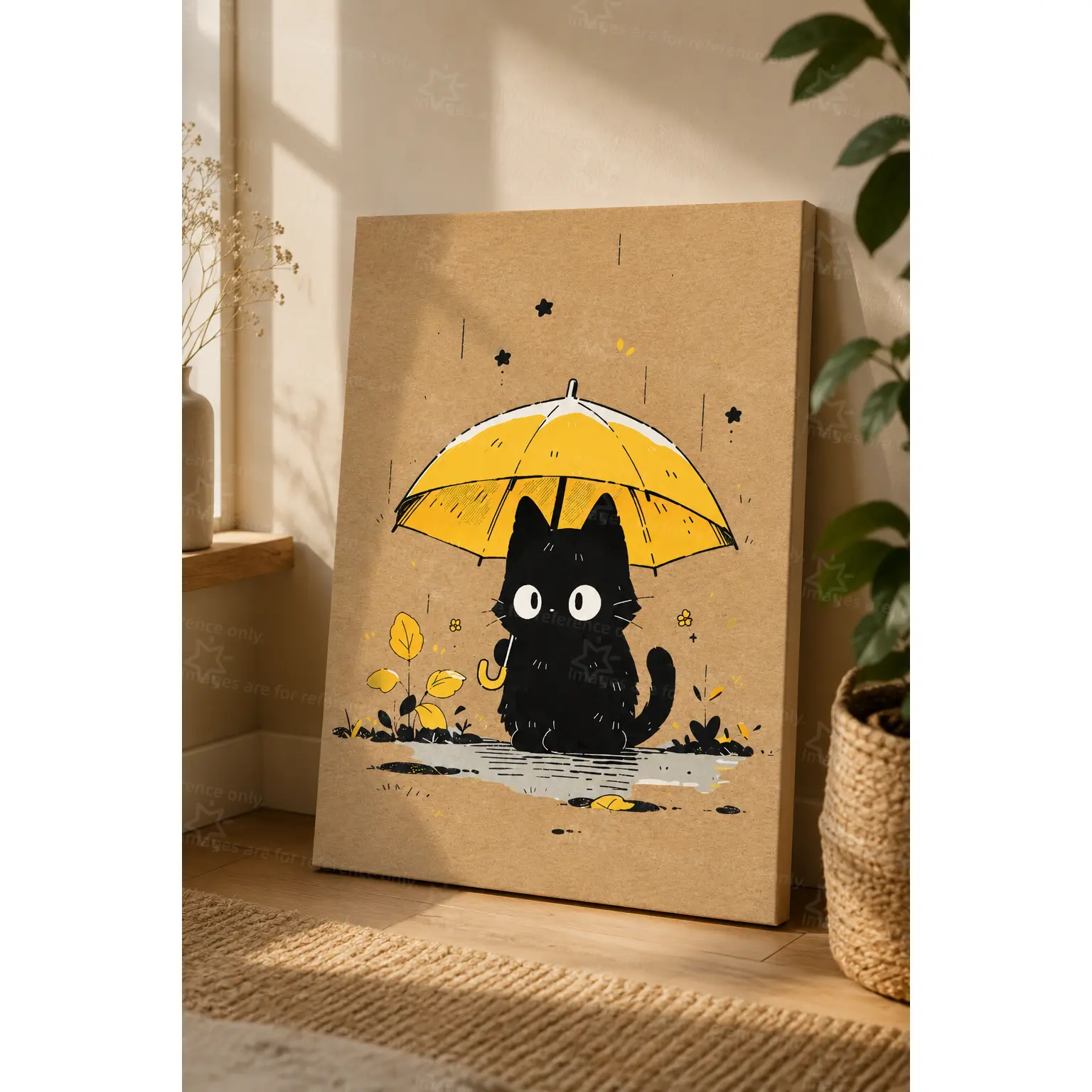 Hand-Drawn Animal Theme Cute Black Cat Under Yellow Umbrella Rainy Day Poster, Multi-Size Scratch-Resistant Pine Wood Framed/Unframed Wall Decor, Room Decor Gift for Living Room, Bedroom