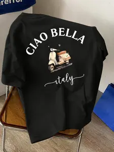 Men's Vintage Ciao Bella Italy Print T-Shirt, Classic Vespa Scooter Casual Streetwear, Short Sleeve, All Seasons, Fitted