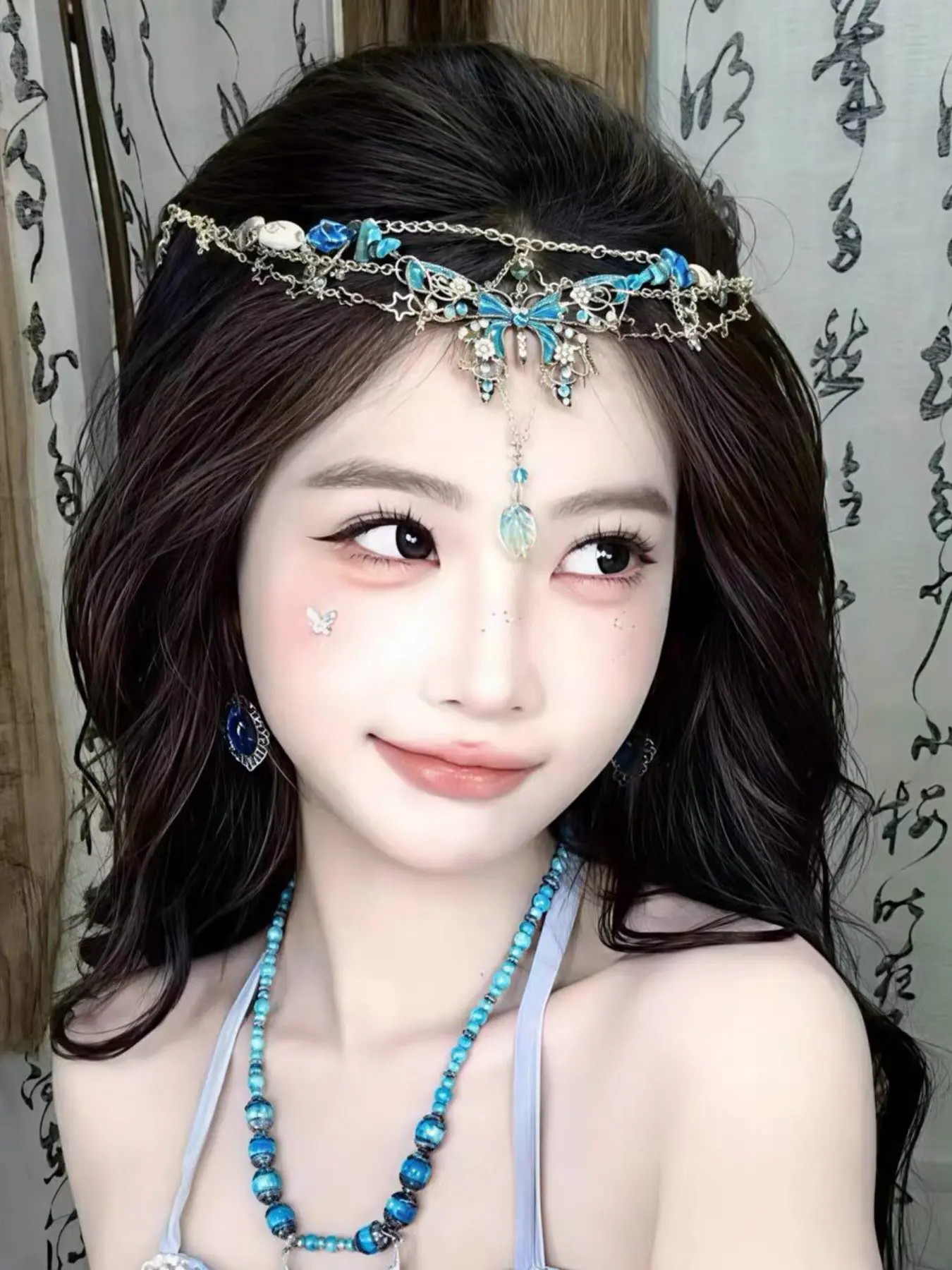 2 in 1 Forehead Chain, Butterfly Head Chain, Boho Fairy Headpiece, Crystal Leaf Tassel, Hanfu Oriental Accessory, Music Festival Jewelry