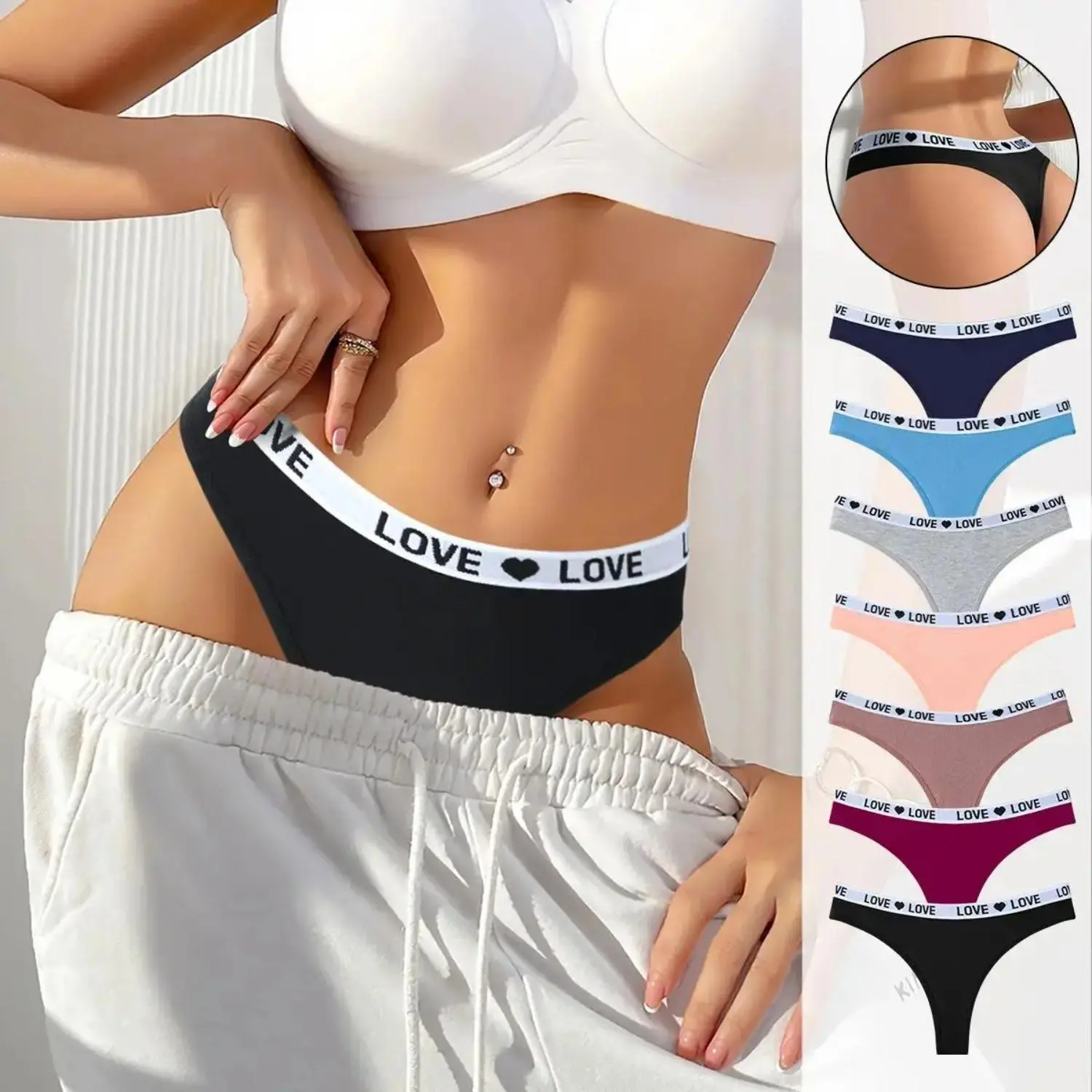 Women's Athletic Low-Rise Thong Panties 5/7-Pack Cotton Blend Lingerie, Sportswear with Love Heart Waistband, Comfortable Breathable Invisible for Outdoor Fun, Fall Wear