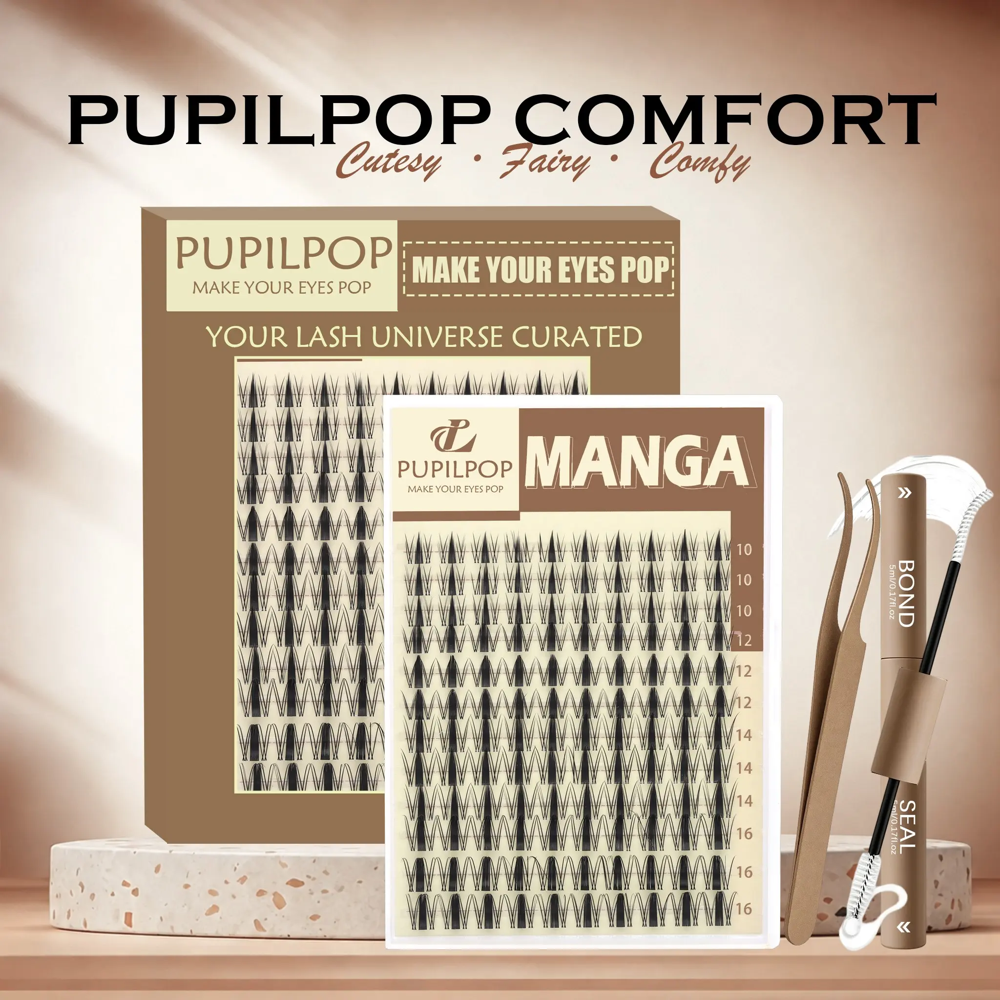 Pupilpop  Manga Lash Clusters Kit, 10-16mm D Curly Wispy Lashes with Tapered Tips, 0.03mm Band, All in One Kit with 2in1 Bond & Seal & Tweezers, Waterproof, Feather-Light & Beginner-Friendly.