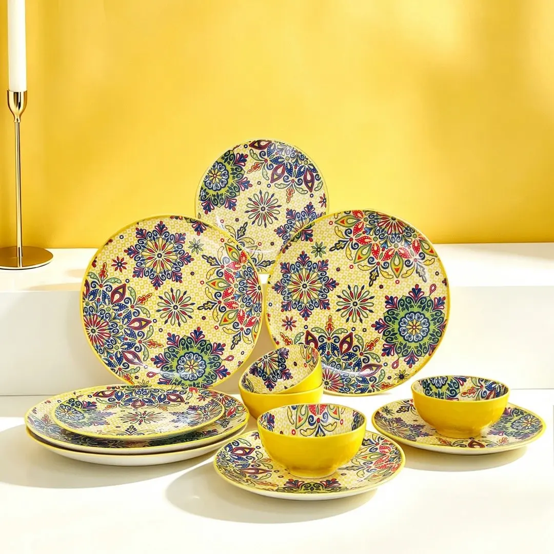12-Piece Ceramic Modern Dinnerware Set, Floral Pattern, Includes Bowls, Plates, 10-Inch Serving Dish, Oven & Microwave Safe, Home & Restaurant Use, Modern Tableware Sets