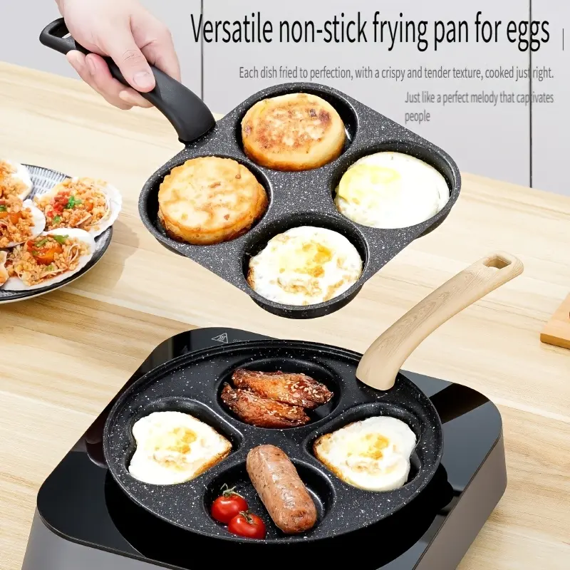 Camp Kitchen 4-Hole Cast Iron Nonstick Egg Pan - Multi-Section Pancake & Omelet Maker, Dishwasher-Safe Skillet for Electric Stoves, High-Efficiency Outdoor Camping Cookware