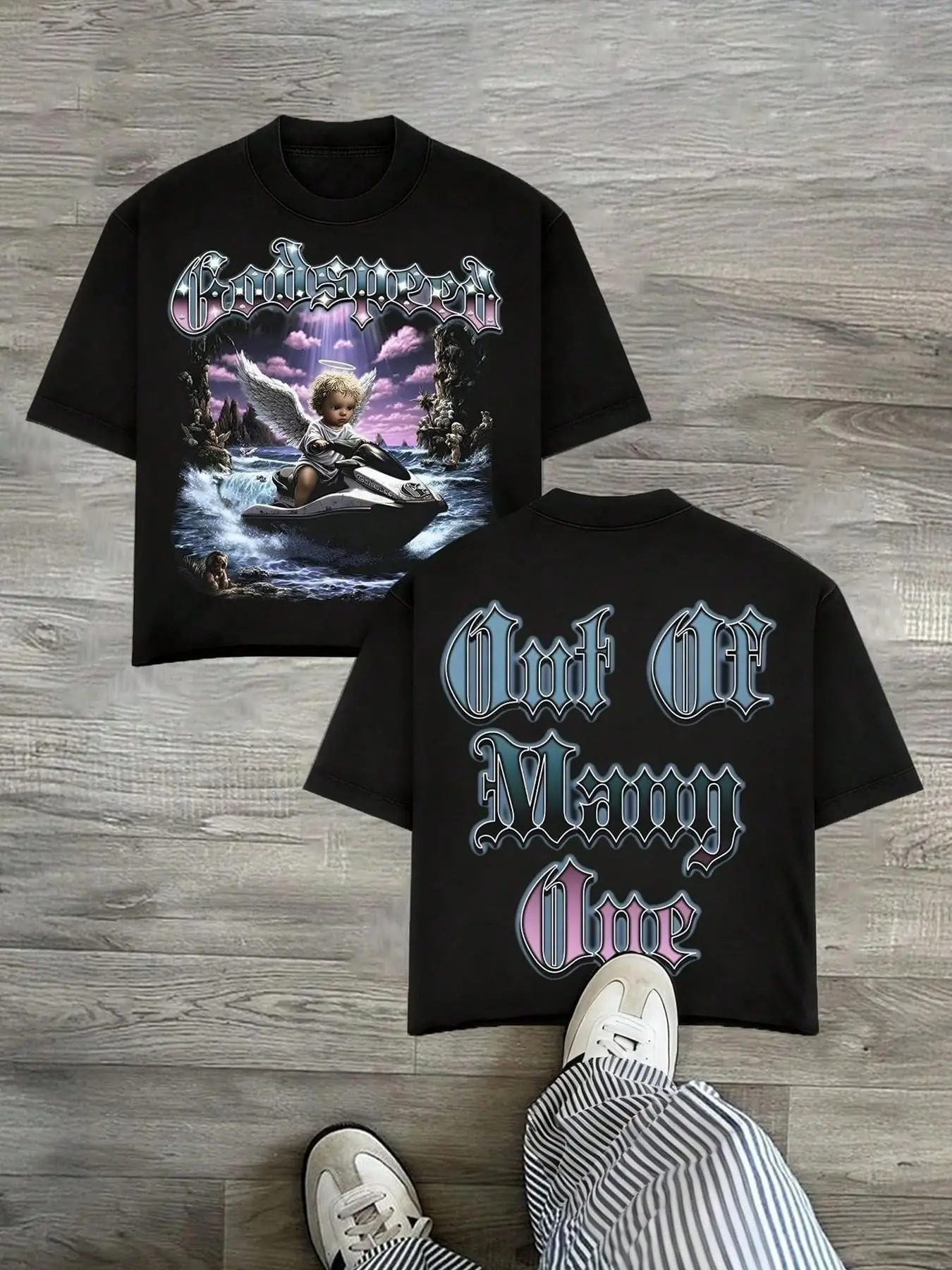 Y2K Streetwear Oversized Graphic T-Shirt for Men & Women - Heavyweight Tee Featuring Gothic "Godspeed" Angel Jet Ski Print - Aesthetic Harajuku Top for Summer Street Style 2026
