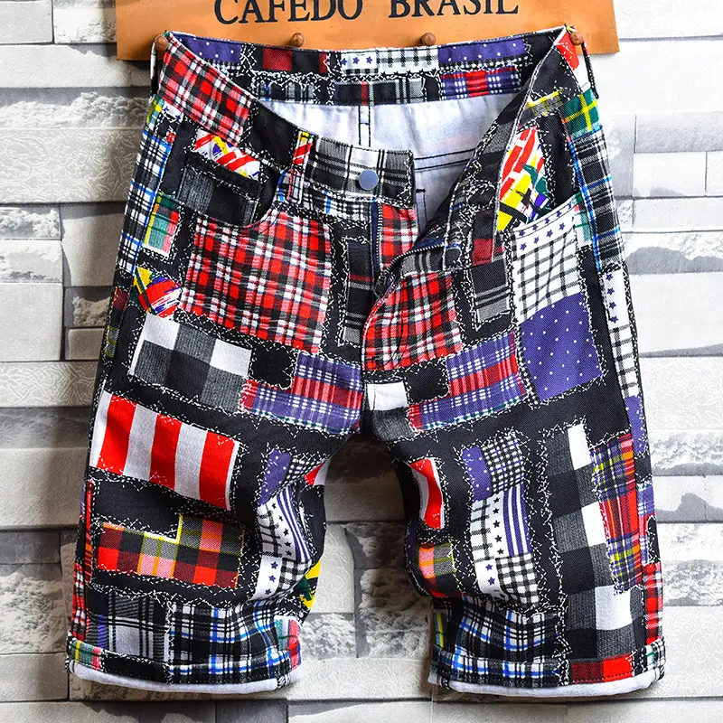 Men's Patchwork Plaid Denim Shorts, Cotton Blend Vintage Mixed Pattern Knee Length Shorts, Casual Streetwear Summer Jean Shorts
