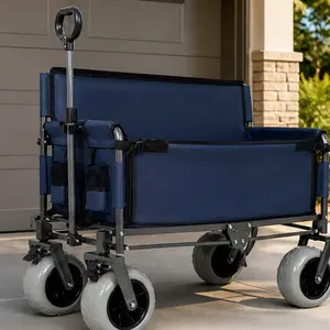 3-in-1 Folding Wagon with Bench Seat - 500lbs Capacity, 9x4in All-Terrain Balloon Wheels, 1.2mm Carbon Steel Frame, 180L Cargo Space, 600D Oxford Fabric, Heavy-Duty Collapsible Cart for Camping, Beach, Adults, Elderly, Dark Blue