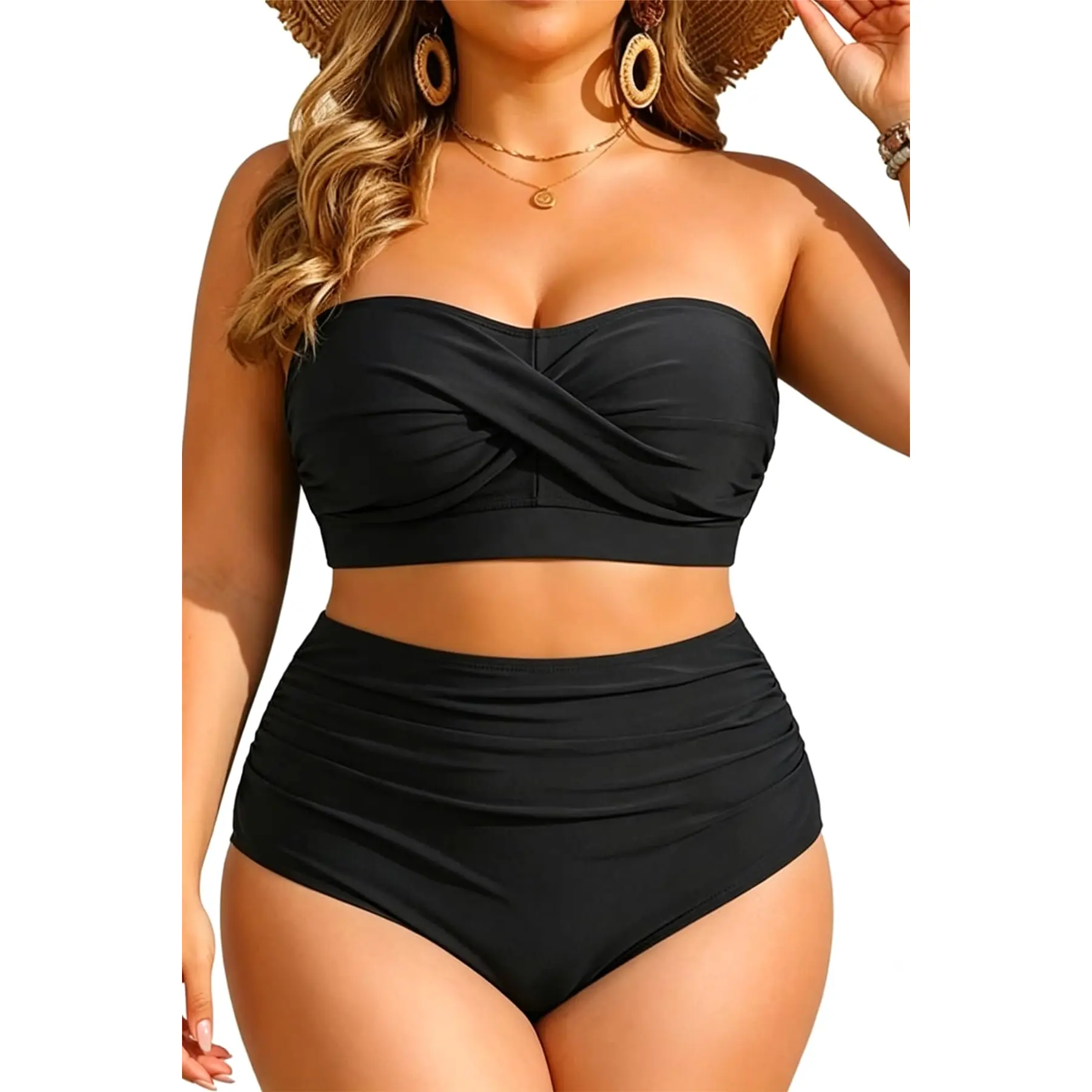 Yonique Women's Plus Size Two-Piece Bandeau Bikini, High-Waisted Tummy Control Swimwear for Sports & Outdoor Use