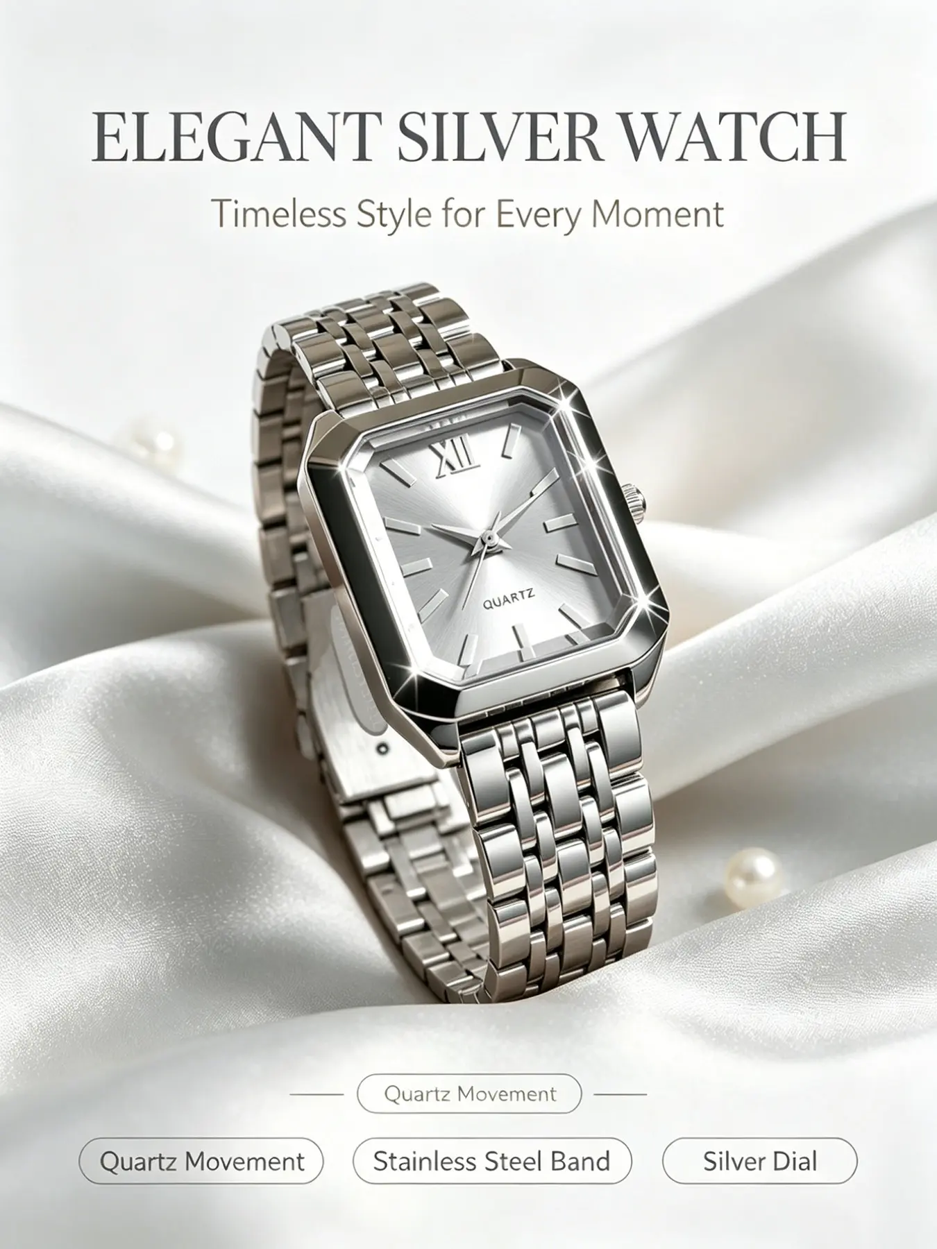 Elegant Square Quartz Watch, Silver Color Dial, Stainless Steel Strap, Perfect Gift for Loved Ones, Durable and Precise Design, Analogue Quartz Watch