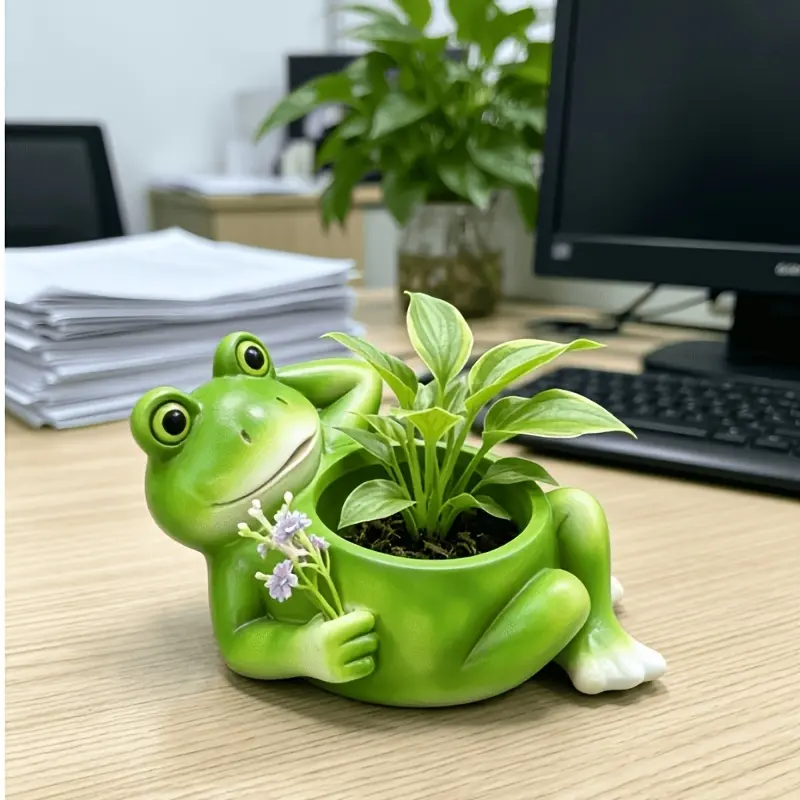 Lazy Lying Frog-Shaped Flower Pot, Creative Resin Cartoon Frog Plant Pot, Decorative Ornaments for Terraces and Courtyards with Succulents and Greenery, Cute Plant Pots