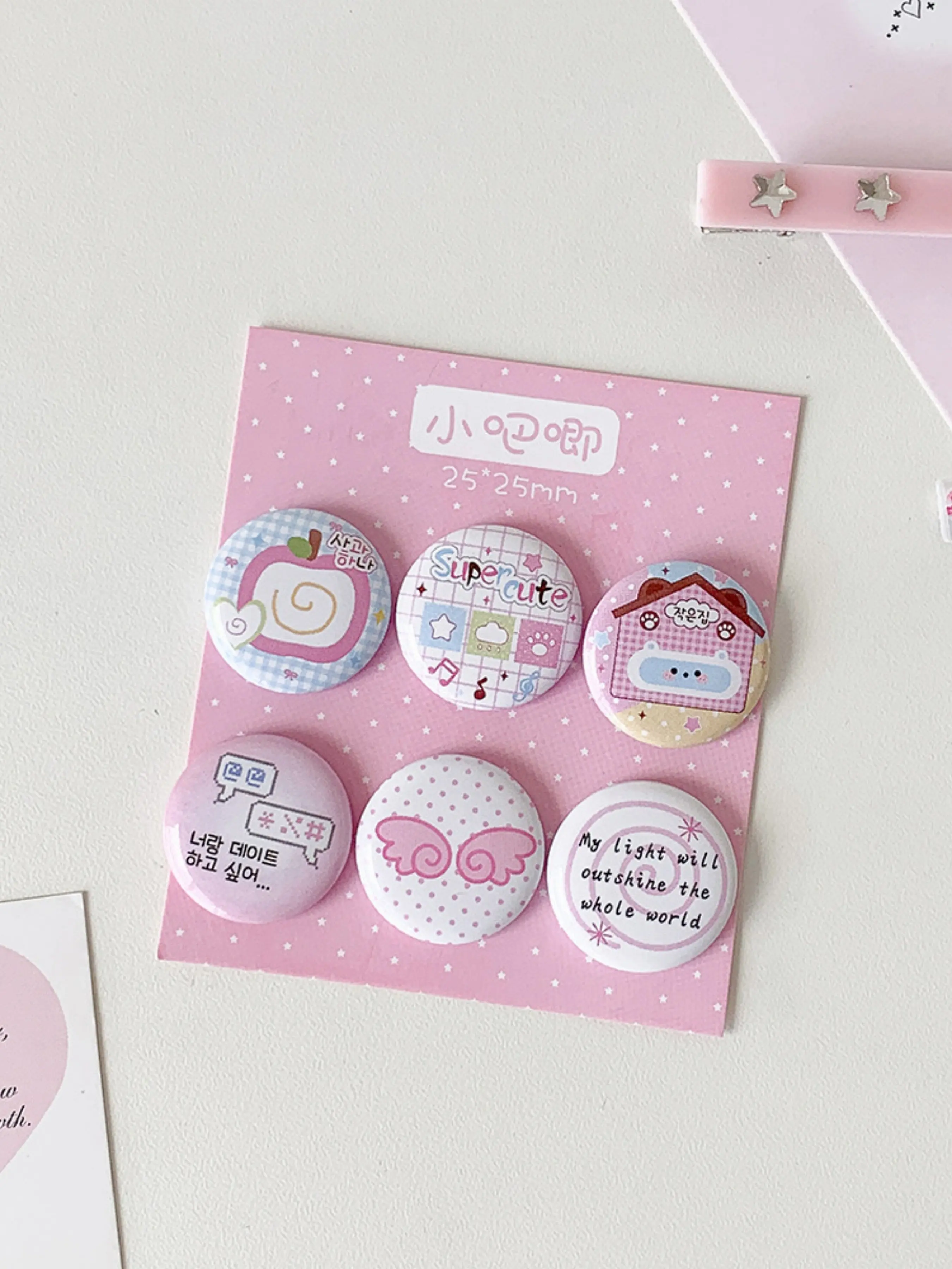 6pcs/set Cartoon Angel Heart 25mm Mini Round Durable Metal Pins, Japanese Style DIY Bag Clips, Cute Girl Heart Badge Set, Anime Decoration Badges