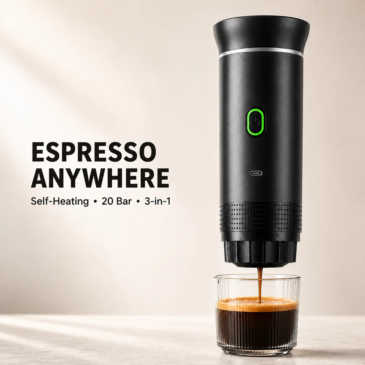 MIUVA Portable Electric Espresso Maker, Self-Heating 20-Bar Travel Coffee Machine, 3-in-1 Ground Coffee & Capsule Brewer, USB-C Rechargeable for Car, Office, Camping & Travel