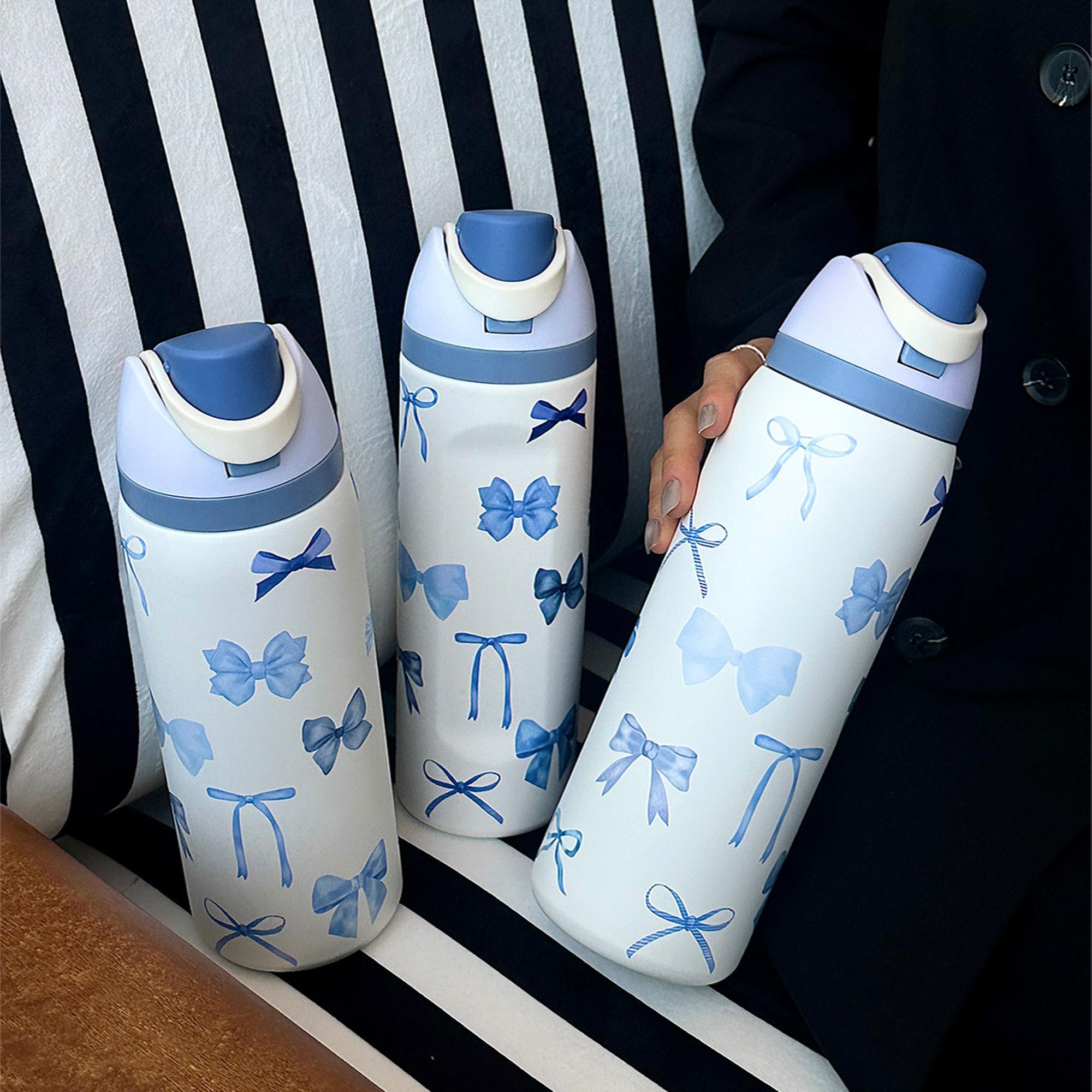 Bow Pattern Stainless Steel Vacuum Flask, 1 Count Portable Leakproof Traveler Tumbler Insulated Water Bottle with Straw, Summer Cool Drinking Cup for Home, Office, School and Outdoor Camping, Drinkware