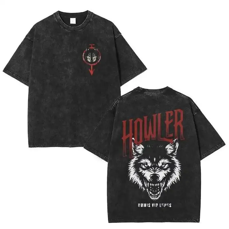 Vintage Washed Wildlife Art Graphic T Shirt Unisex Oversized Short Sleeve Crewneck Double Sided Ferocious Wolf Print Tee For Night Out Urban Vacation