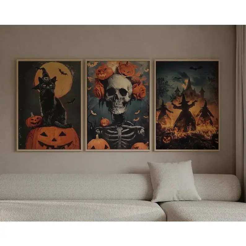 Retro Halloween Set of 3 Canvas, Black Cat Pumpkin Skeleton Witch Wall Decor, Spooky Painting