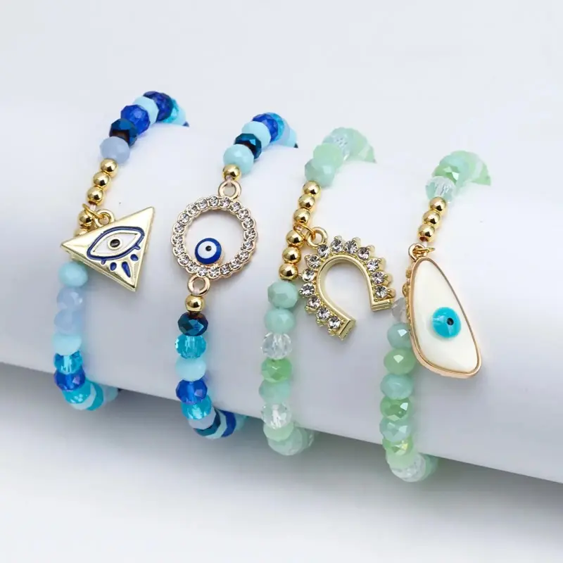 Women's Minimalist Funky Peppy Baroque Evil Eye Blue Glass Crystal Elastic Bead Bracelet - Romantic Anniversary Friendship Sport Wrist Fashion Accessory, Glamorous, Ethnic, Casual, Daily, Women's Fashion, Beaded, Sporty, Beaded Charm