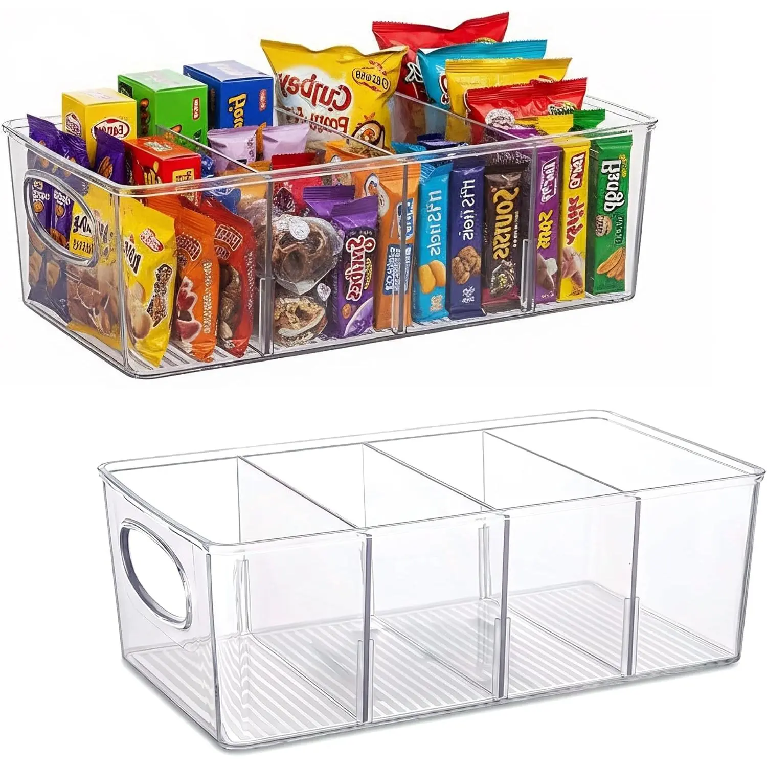 Clear Plastic Storage Bins with Removable Dividers – Pantry Snack Organizer, Kitchen Pantry Organizers and Storage, Snack Drawer Organizer, Fridge Organizer (2 Pack)