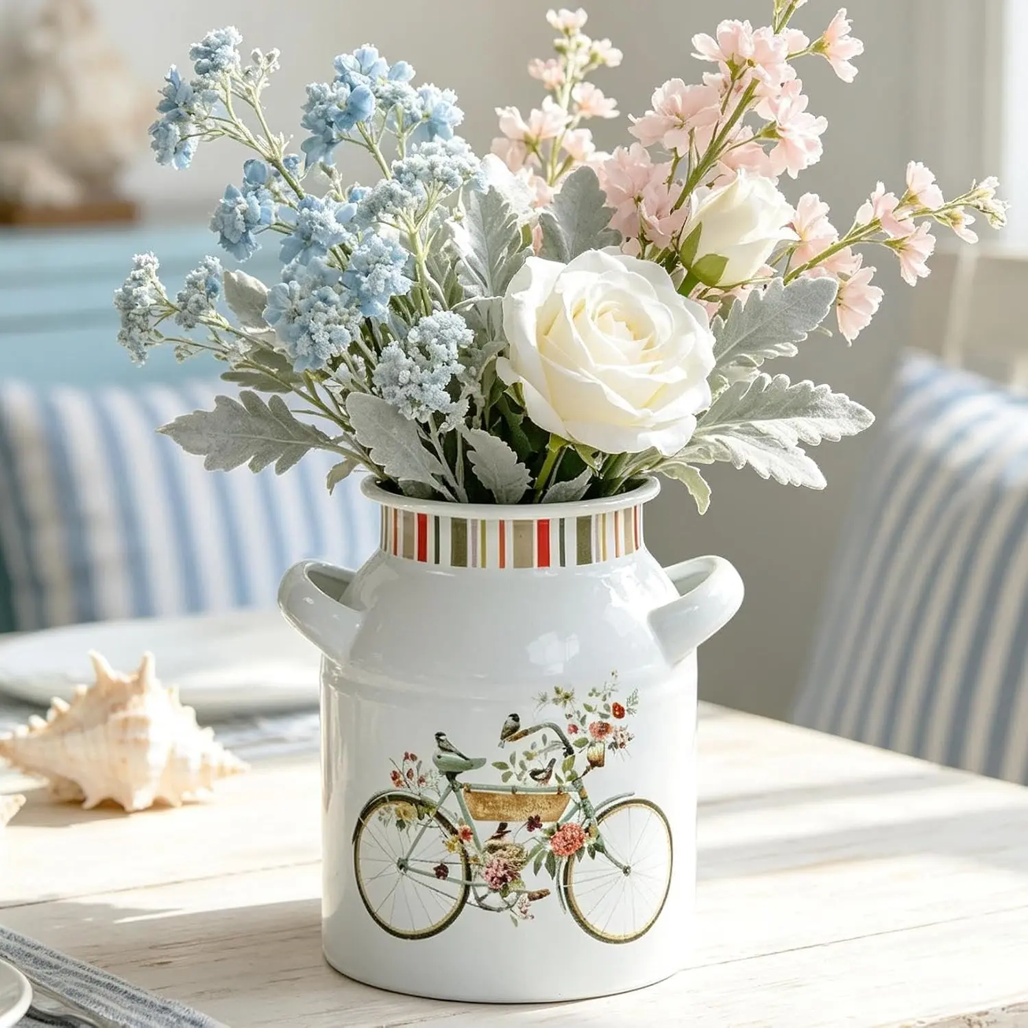 Enamel Rustic Farmhouse Boho Flower Vase, Decorative Vases for Home Decor, Ideal Shelf Centerpiece Table Decor for Living Room Bedroom Kitchen Office