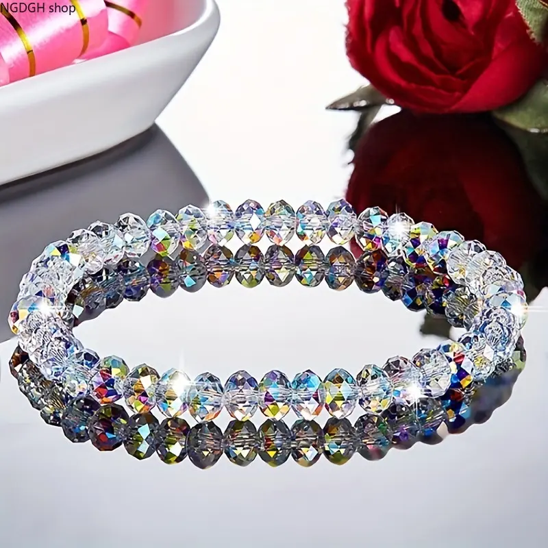 Iridescent Crystal Bead Bracelet for Adults, Sporty Chic Multi-Color Statement Jewelry, Stretch Band for Daily Wear & Summer Vacation, Aurora Crystal, Bold Sparkle, Versatile Fashion Accessory