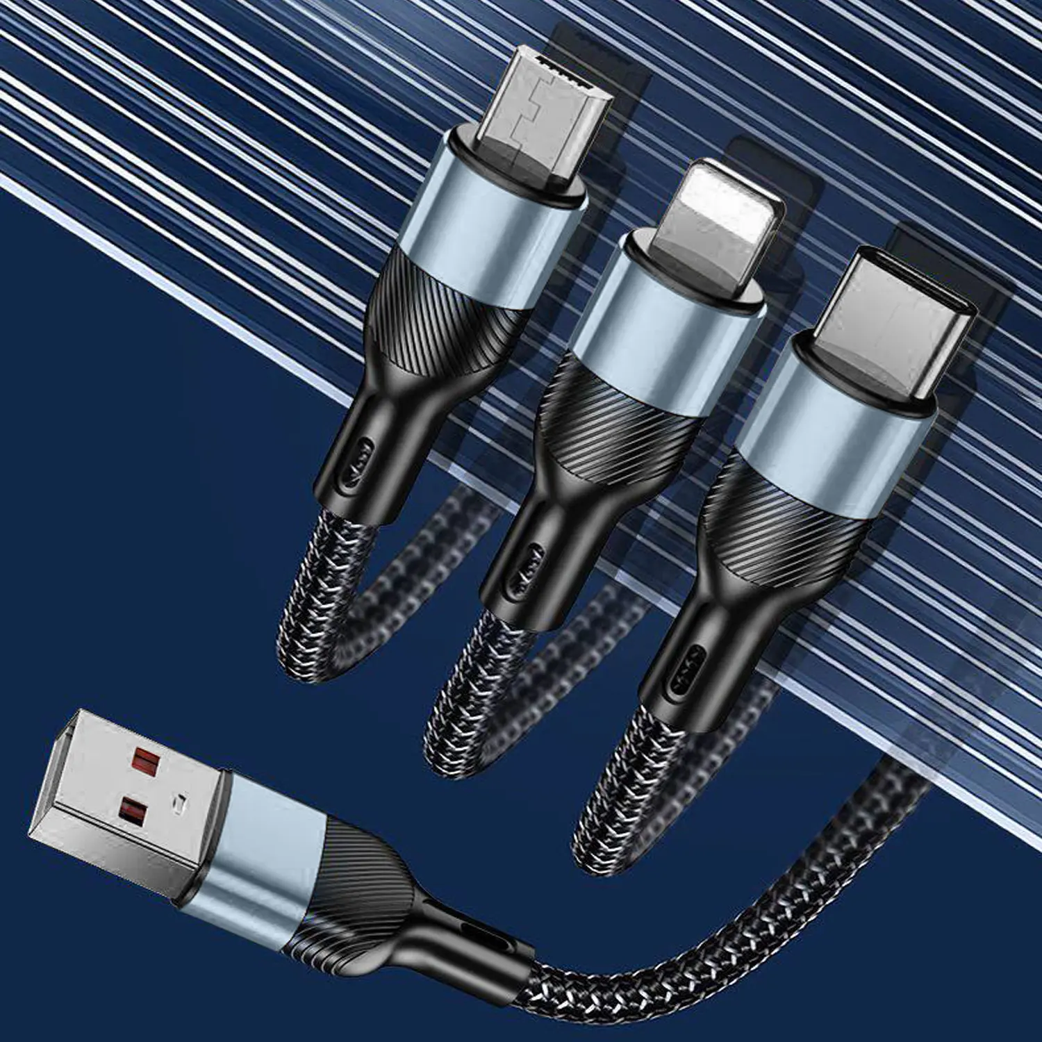 Three-in-One Rapid Charging Cable, USB TO Type-C + Lightning + Micro, 65W Intelligent Rapid Charging, Wired Fast Charge, suitable for devices with TYPE-C interface such as mobile phones, tablets, game consoles, watches, and Bluetooth headphones.