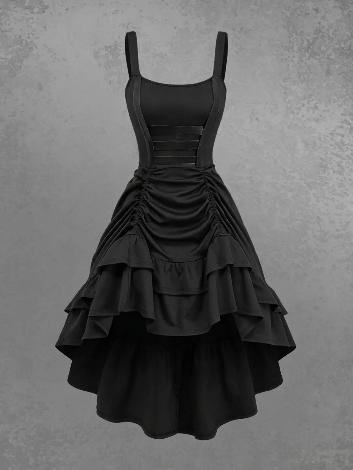Dark Punk Halter Dress, Asymmetric Ruffle Gothic Dress, Halloween Party Dress, Cold Dark Atmosphere, Wide Strap Square Neck Sleeveless Design