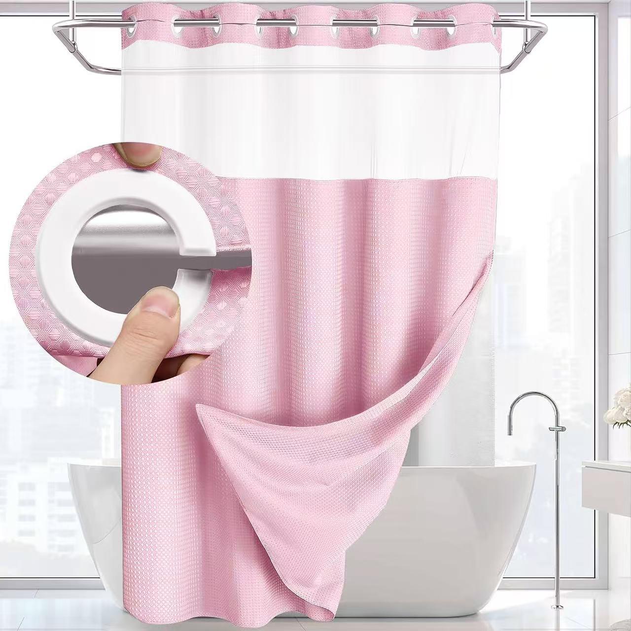 Waffle No Hook Double Layer Solid Color Shower Curtain with Sheer Waterproof Polyester Bath Curtain Detachable Suitable for Hotel Bathroom Partition