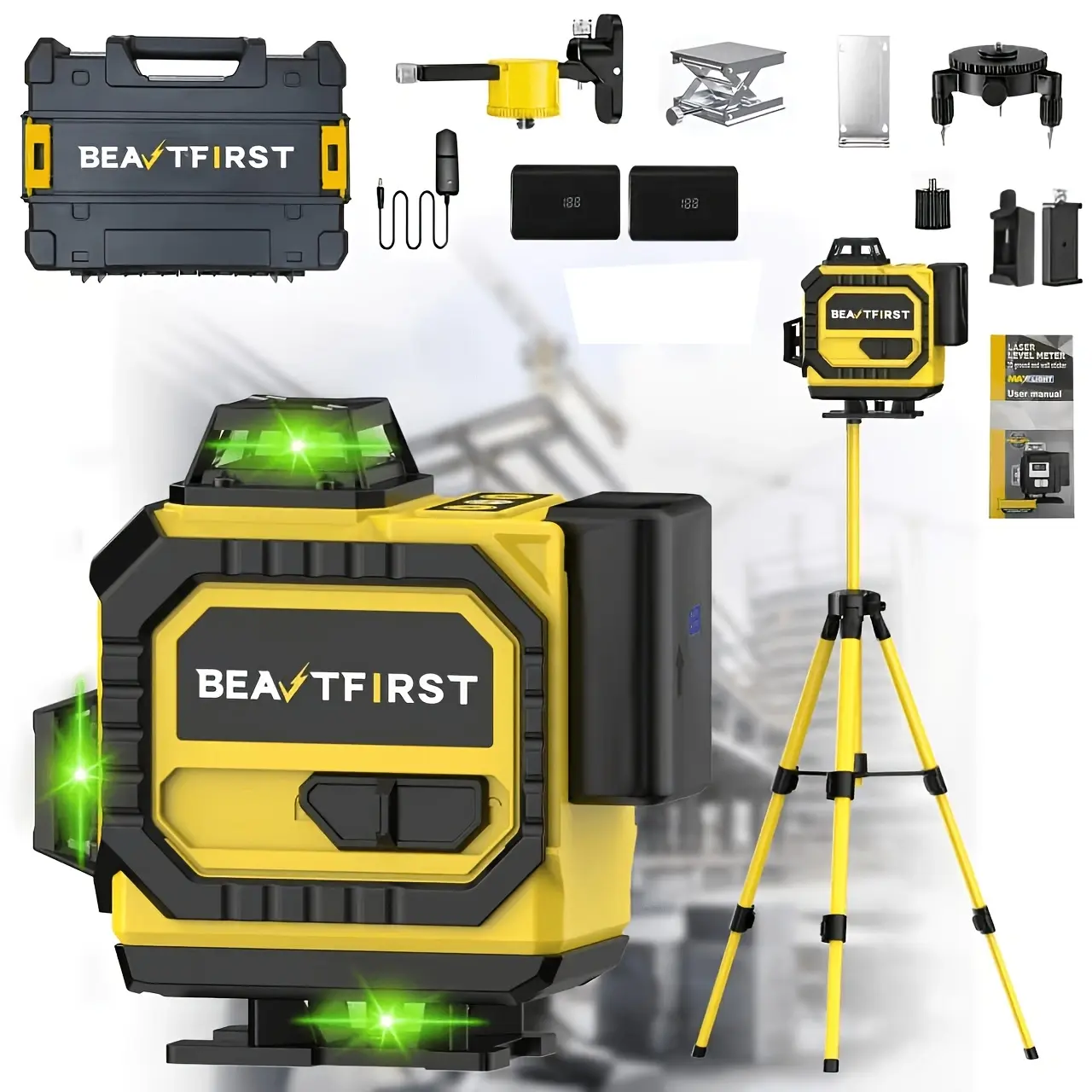 DateSea 16-Line Green Electronic Laser Leveler Tool, 4x360° Multipurpose Laser Level with 2 Rechargeable Lithium Batteries, Wall Mount for Home & Outdoor Building Renovation