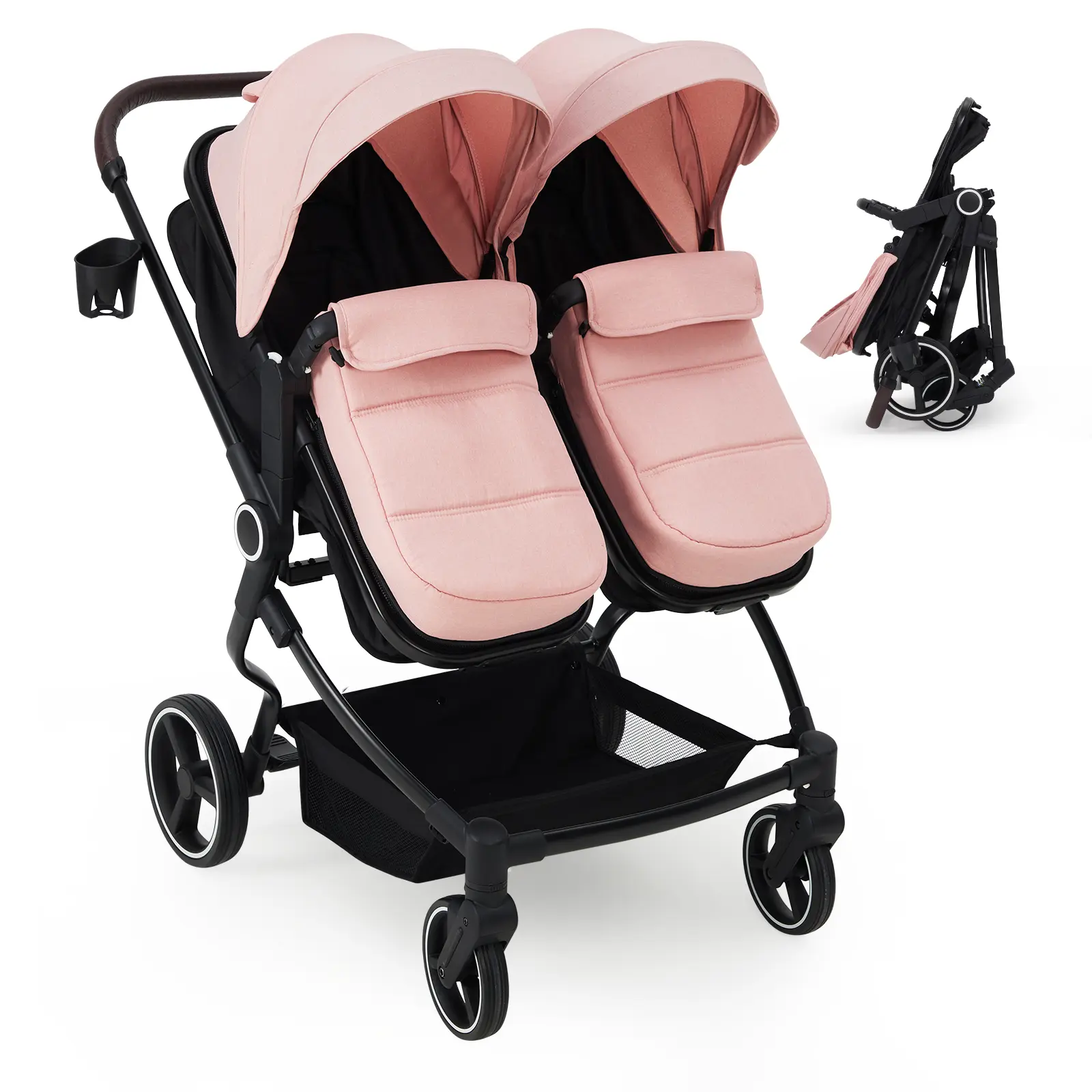 Lightweight Double Stroller for Twins & Siblings, Side by Side Baby Stroller with One-Click Fold, Independent Recline Seats, High Landscape, 5-Point Harness, Large Storage Basket, Travel Friendly