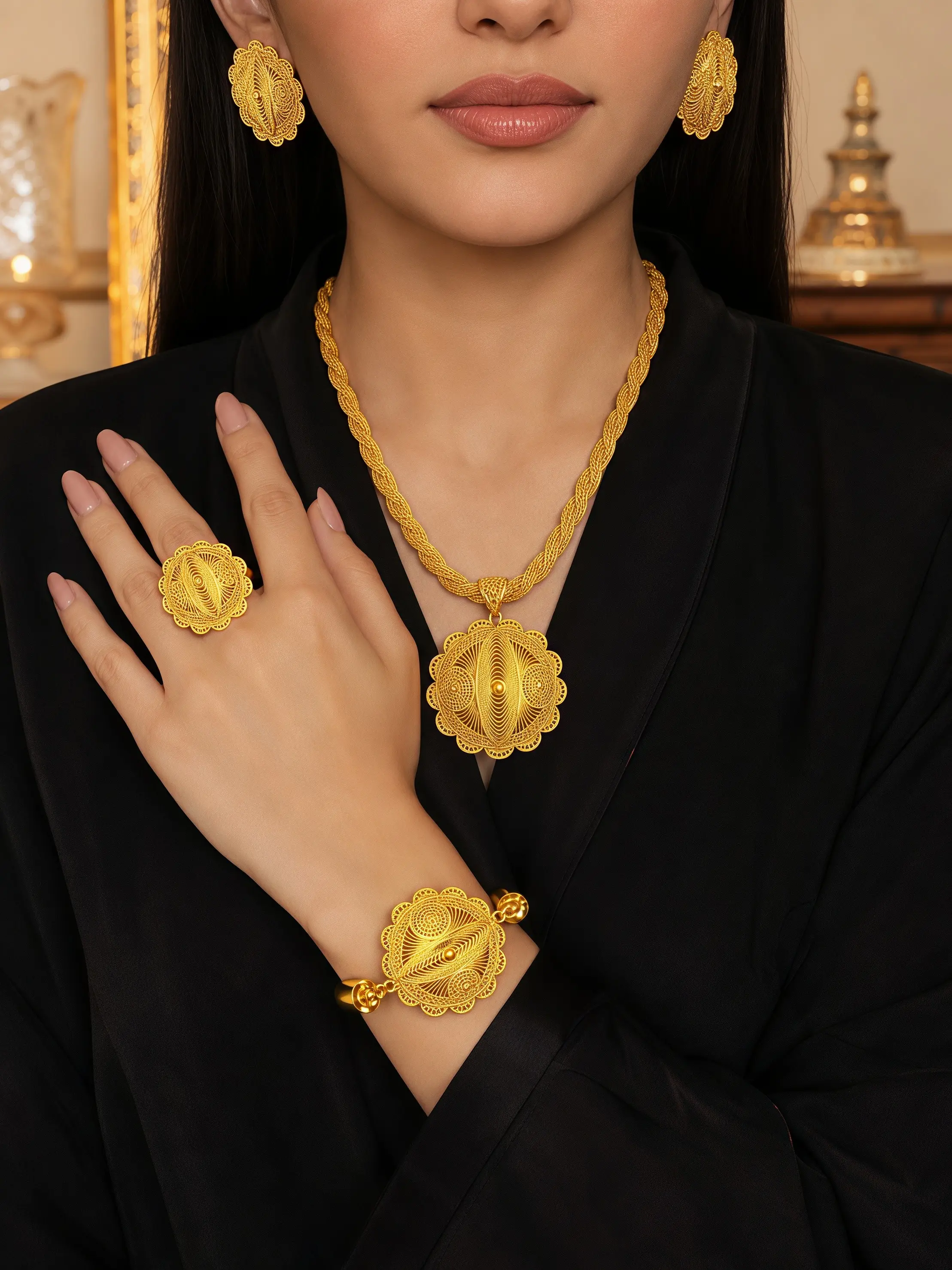 4-Piece Middle Eastern Gold Plated Matching Jewelry Set, Elegant Floral Design, Arabic Style Necklace Ring Bracelet Earrings, Wedding Party Gift