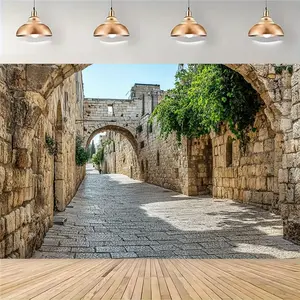 Jerusalem Old City Street Backdrop Historic Architecture Style Tapestry Wall Hanging, Travel Photography Background, Premium Polyester Decorative Banner for Wedding Decor, Photo Booth, Cultural Event, Indoor Outdoor Display