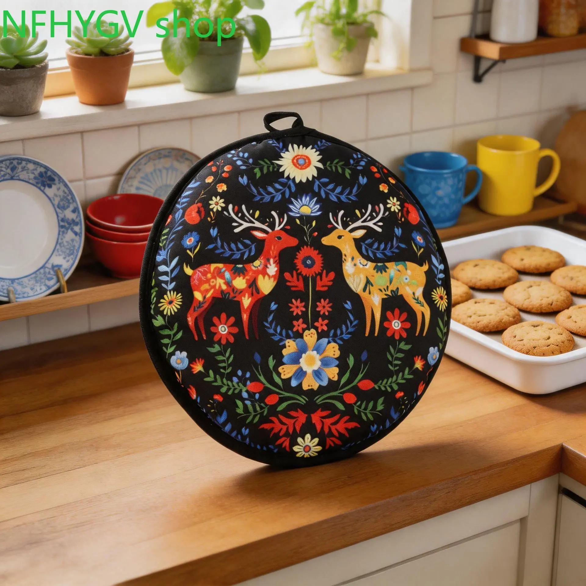 Round Fabric Tortilla Warmer Pouch With Folk Art Deer Floral Print, Insulated Reusable Tortilla Holder Equipped With Hanging Loop, Kitchen Storage Bag For Tacos, Burritos And Flatbread