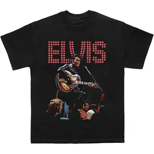 Elvis Presley Unisex Adult Official Elvis Presley Merch Guitar Stage T-Shirt Elvis Presley Live in Concert Graphic Tee Men’s Vintage Rock Short Sleeve Crew Neck Casual Top