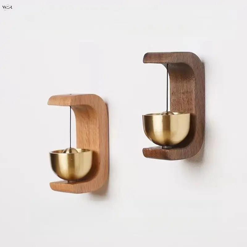 Wooden Door Chime with Brass Bell, Entry Alert Doorbell for Shop Front Door, No Drill Magnetic Back Adhesive Hanging Wind Chime, Mini Welcome Bell for Home Store Entrance Decor, Natural Wood Two Color Options