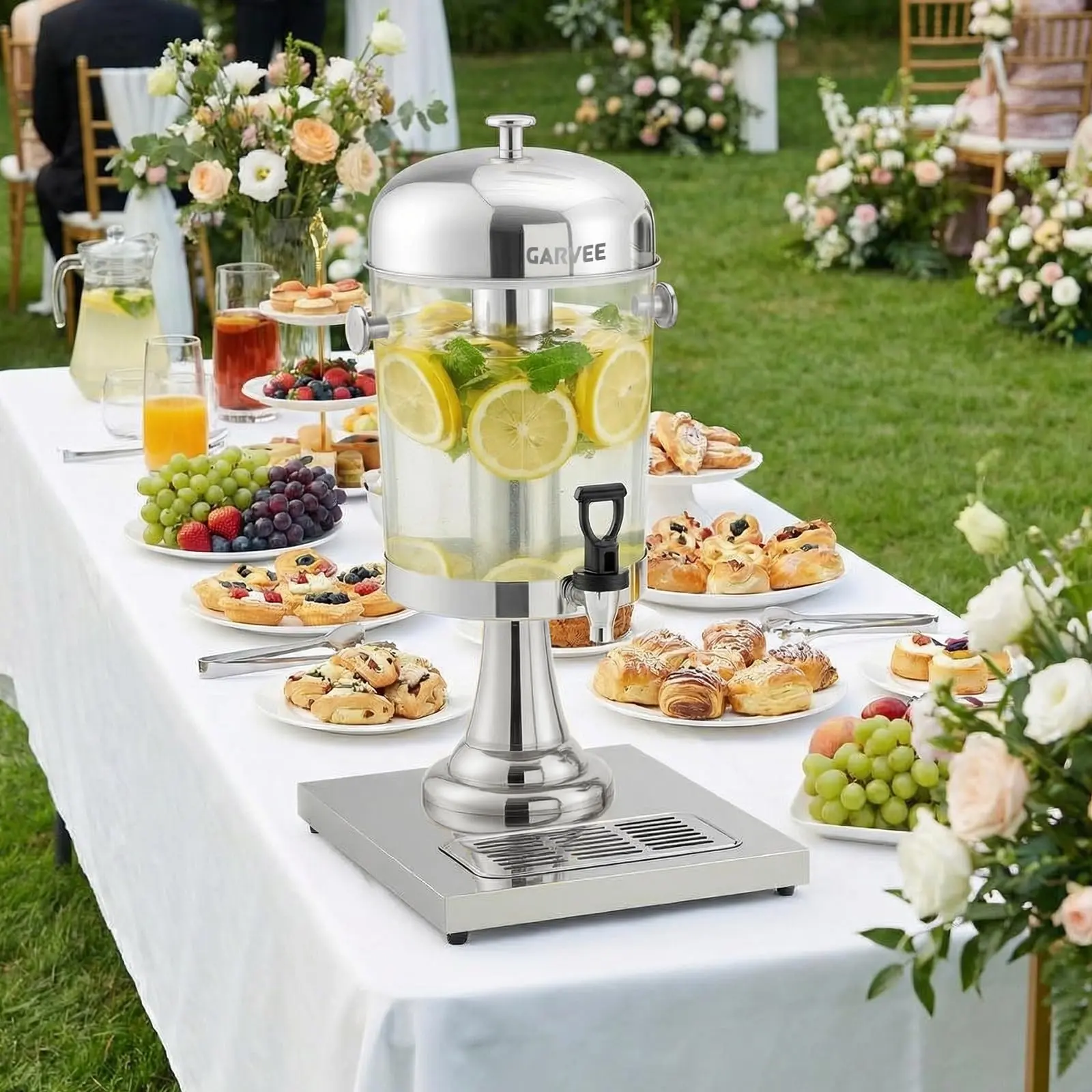 Garvee Commercial Stainless Steel Beverage Dispenser with Stand & Ice Core Insert, 2.2/4.4/6.6 Gallon, No-Sweat Body, Drip-Free Spigot & Drip Tray for Juice/Iced Tea/Lemonade