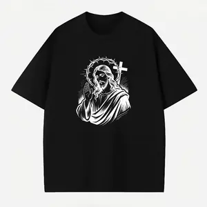 Unisex Thick Baggy 100% Cotton Vintage Black-White Woodcut Jesus Graphic T-Shirt - Crown Of Thorns, Halo, Blessing Hand, Holy Cross Engraved Print, Casual Streetwear For Christian Believers, Denim & Leather Style Fans