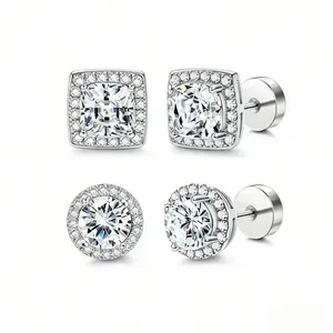 Cubic Zirconia Stud Earring Set for Women, 2-Pair Gift Set with Round and Cushion Cut Halo Studs, Hypoallergenic with Secure Screw-On Backs, Cubic Zirconia Studs, Zircon Stud Earrings