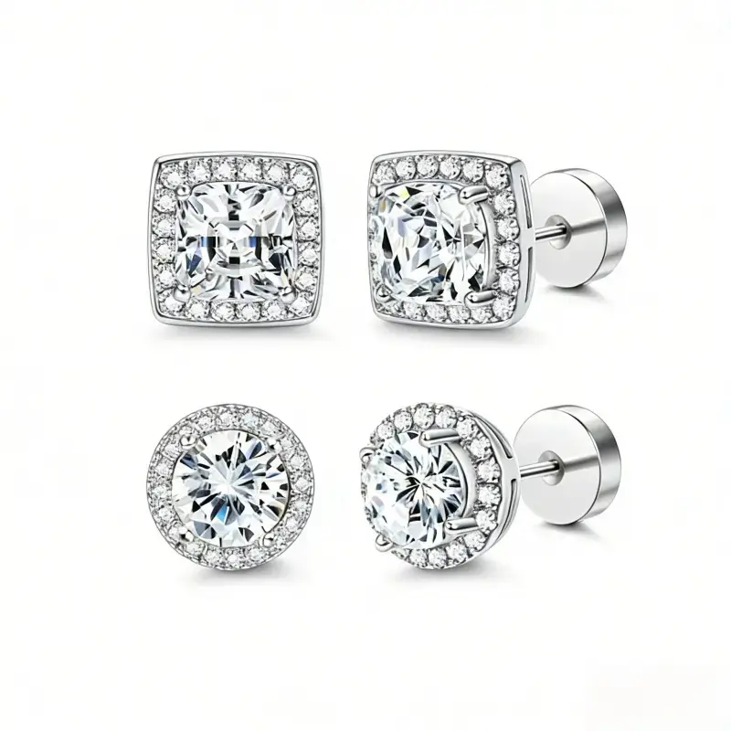 Cubic Zirconia Stud Earring Set for Women, 2-Pair Gift Set with Round and Cushion Cut Halo Studs, Hypoallergenic with Secure Screw-On Backs, Cubic Zirconia Studs, Zircon Stud Earrings