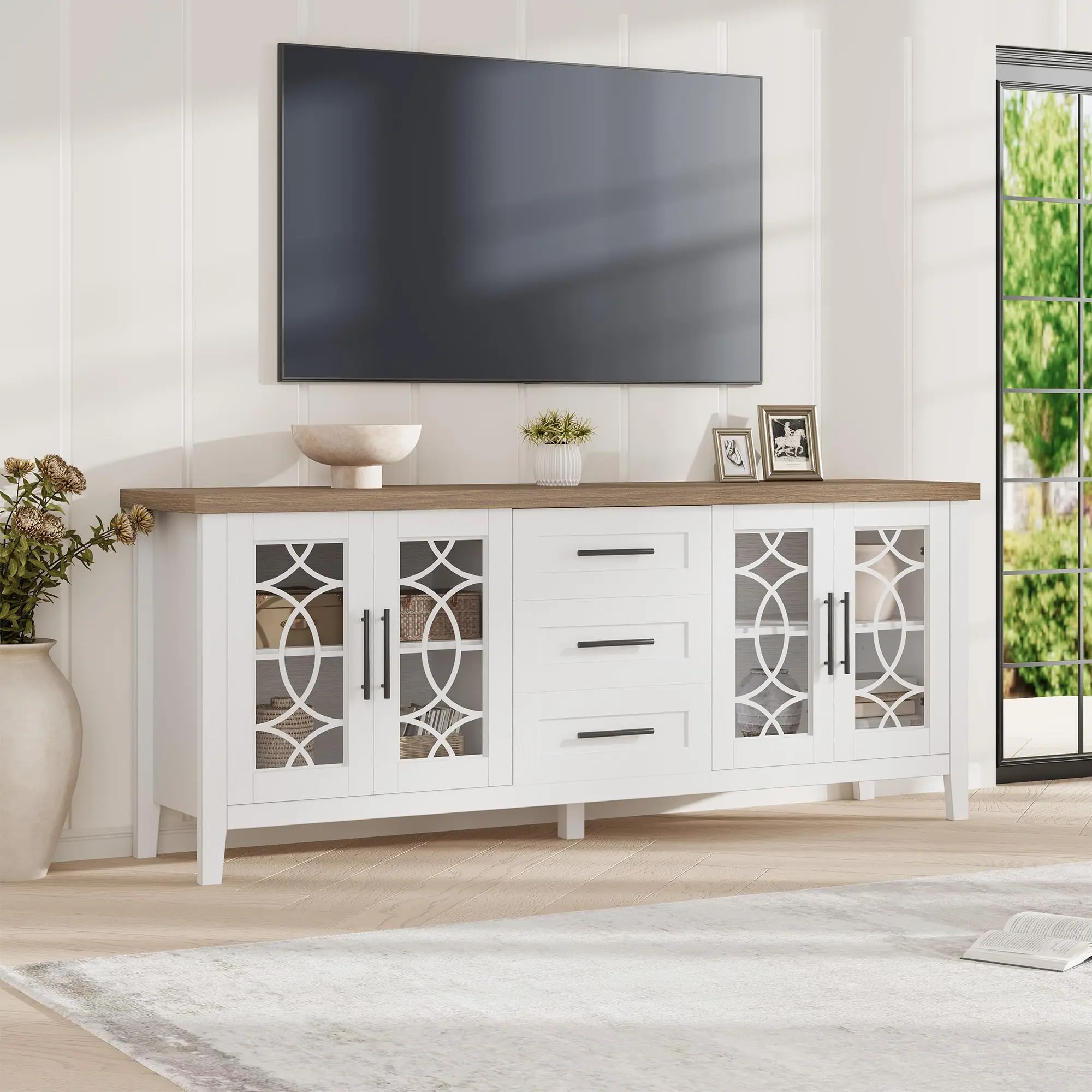 75 Inch Farmhouse TV Stand, Glass Front Entertainment Center with Drawers, 63" Wide Media Console for Living Room Bedroom, 350lbs Capacity, White/Grey/Black