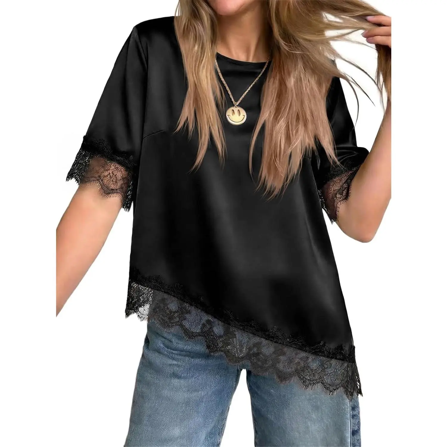 Womens Satin Silk Blouse Short Sleeve Lace Top Asymmetrical Shirts| Loose Fit,Summer Tops,Dressy Casual,Lace Trim Shirt Womenswear Outfit Crewneck Shortsleeve